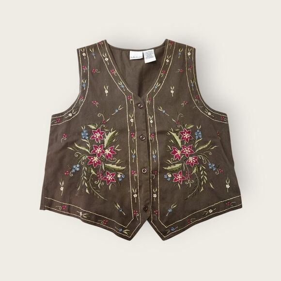 Vintage Y2k Bobbie Brooks green boho floral embroidered button up vest - Picture 1 of 4